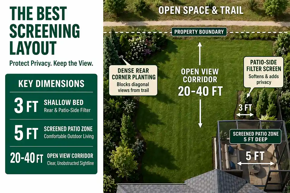 Top-down backyard diagram showing a protected patio zone, rear-corner screening, blocked diagonal sightline, and open central view corridor toward rear open space