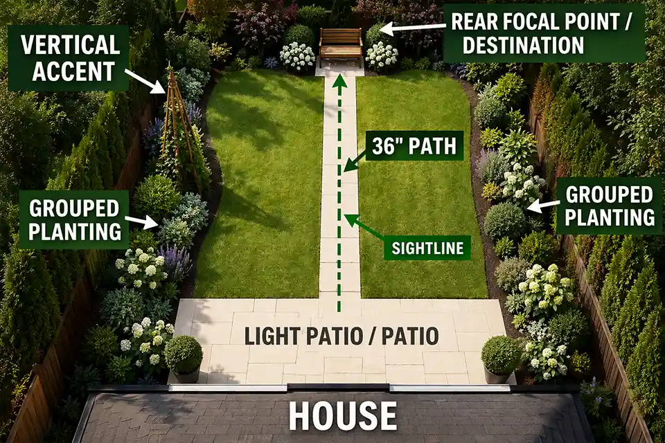 Top-down diagram of a compact backyard showing a lighter patio zone, one clear path, grouped planting, vertical height, and a rear focal point