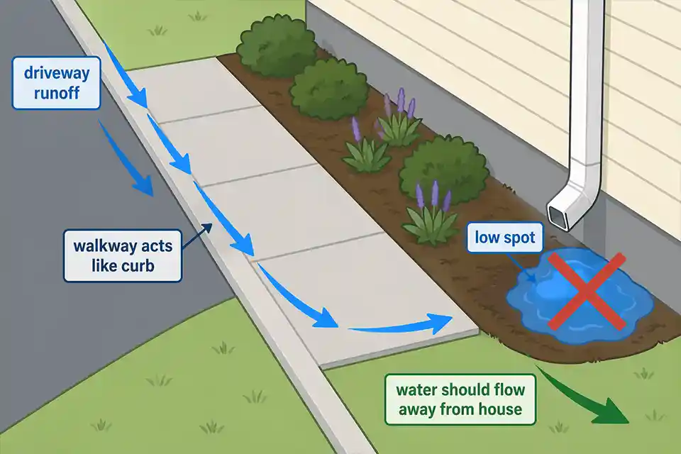 Diagram with smart labels showing runoff trapped beside a house by a short downspout and hardscape edges