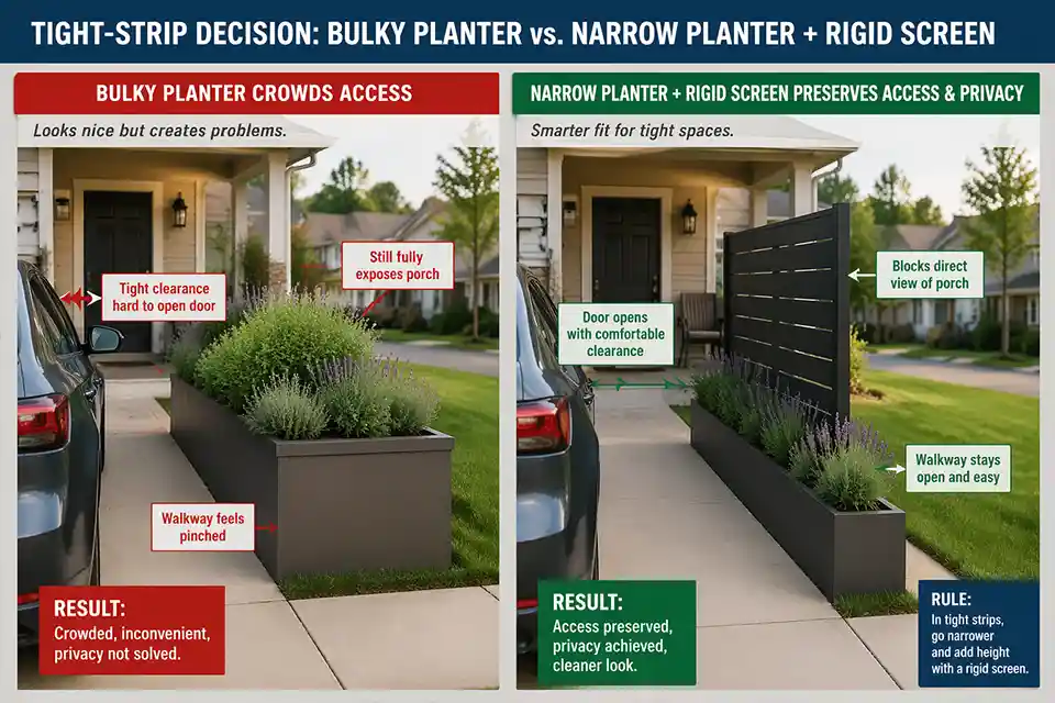 Comparison showing a bulky planter crowding driveway access versus a narrower planter with a rigid privacy screen that preserves clearance and blocks sightlines