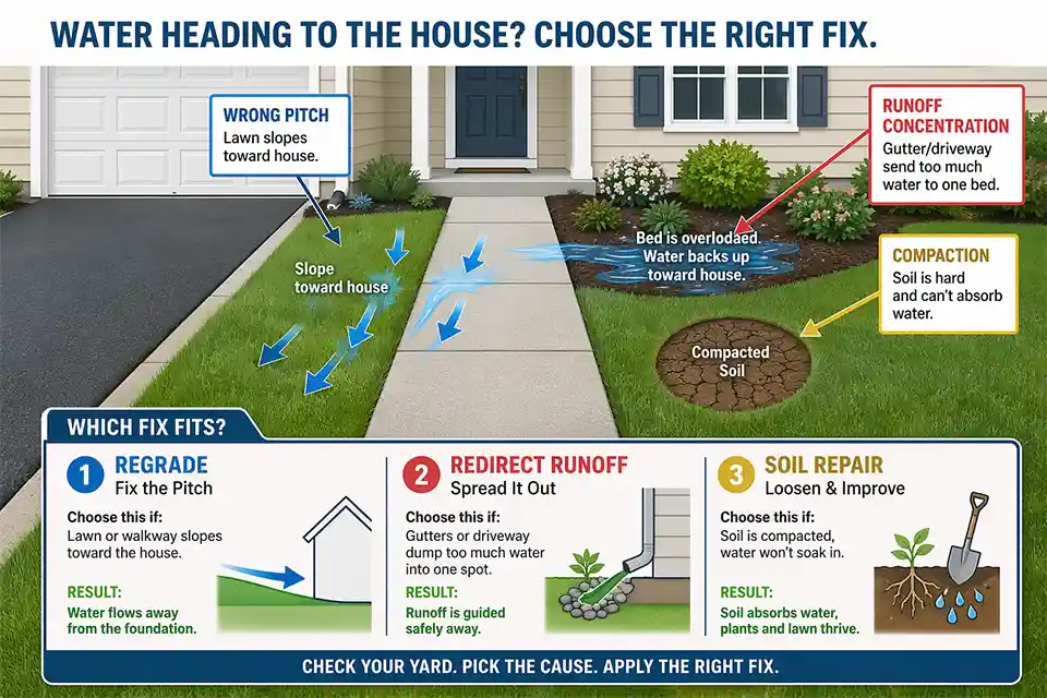 Front yard diagram showing when wrong pitch needs regrading, when runoff needs redirection, and when compacted soil needs repair
