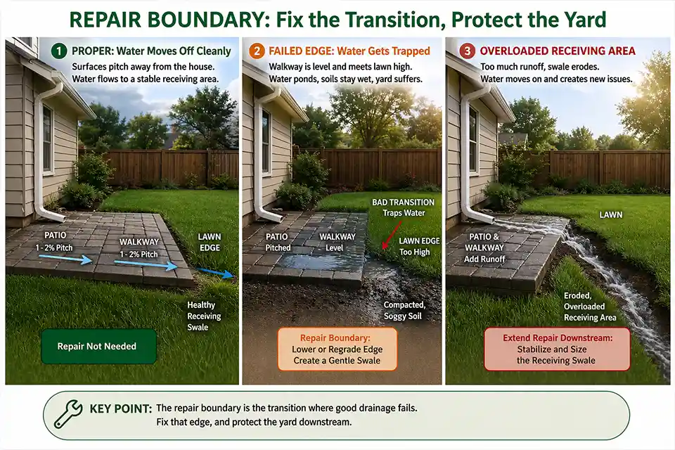 Cross-section diagram showing proper patio pitch, a failed edge transition trapping water, and an overloaded lower yard receiving zone