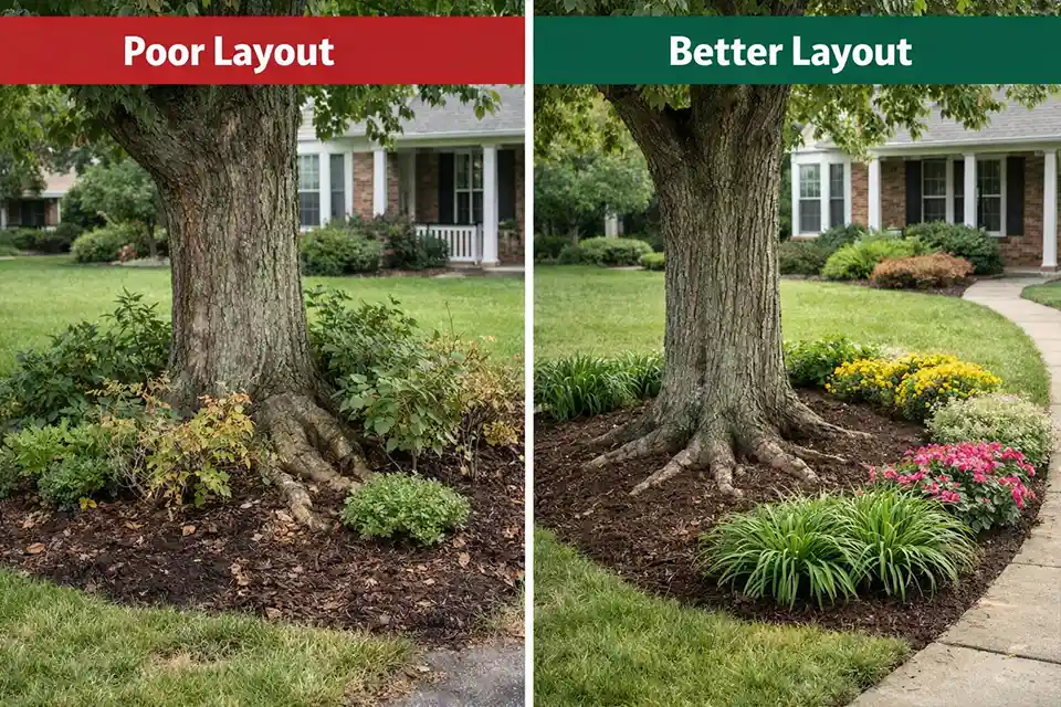 Comparison of overcrowded planting near a tree trunk versus a cleaner front yard layout with stronger planting near the canopy edge