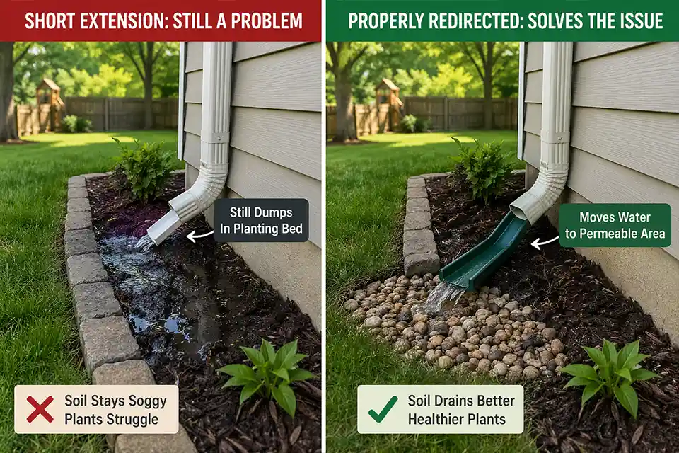 Comparison of a backyard downspout extension that still floods a planting bed versus a properly redirected outlet to a wider drainage area