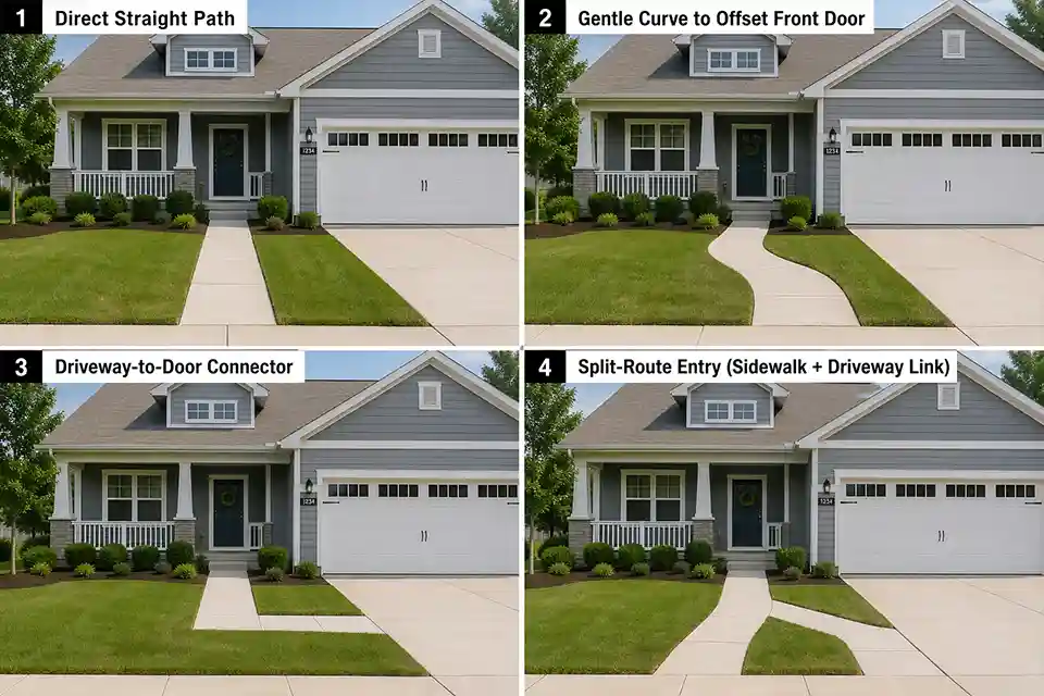 Four front yard walkway shape options leading to the same front door on a suburban home