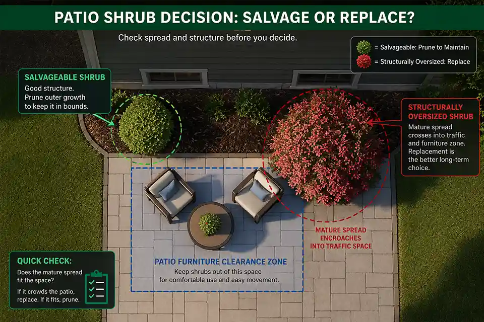 Top-down diagram showing when a patio shrub can be pruned and when it should be replaced based on mature spread and clearance