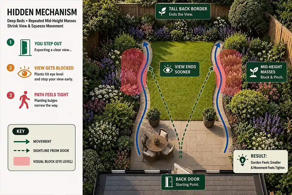 Top-down backyard diagram showing how oversized planting beds reduce circulation and shorten sightlines