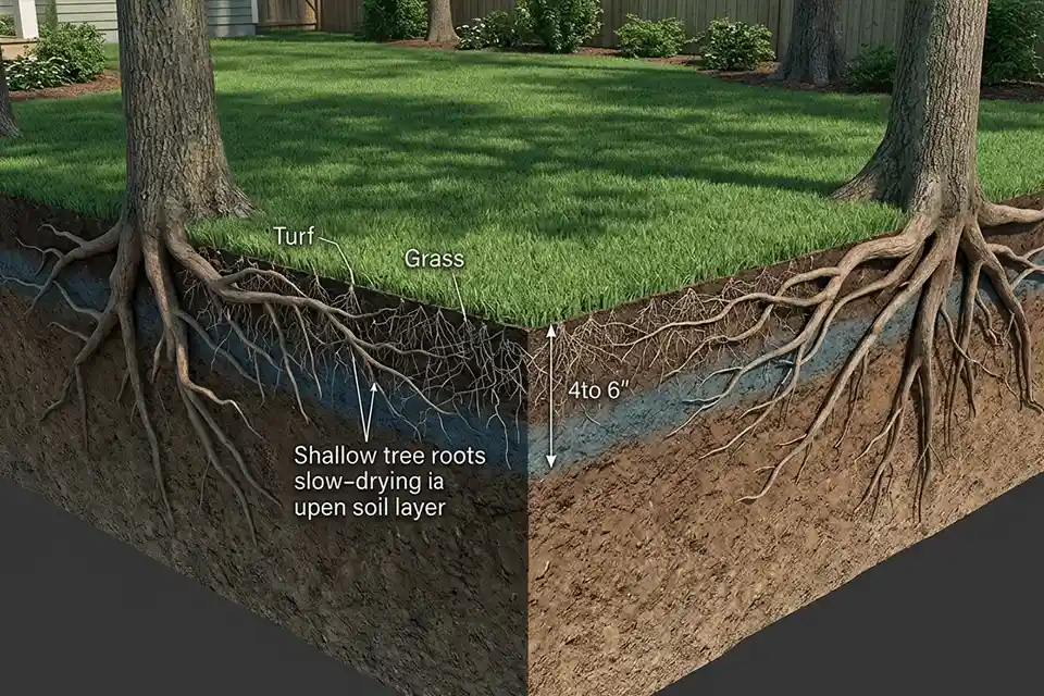 3D cutaway of shaded backyard lawn showing shallow tree roots competing with grass in damp upper soil