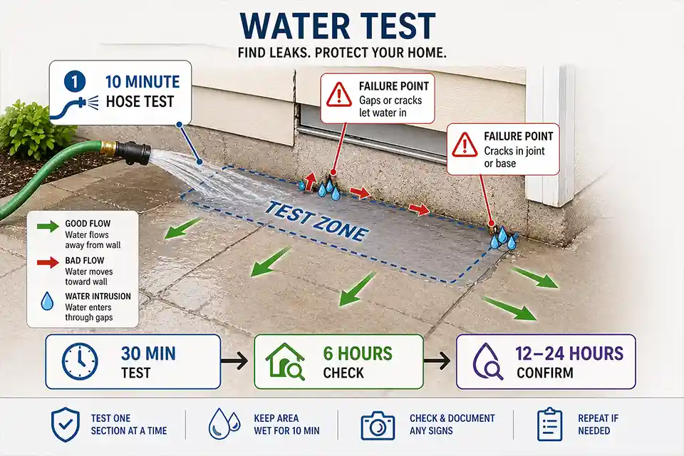 Diagram showing a hose test on a patio beside a house with water flow paths and drainage timing thresholds