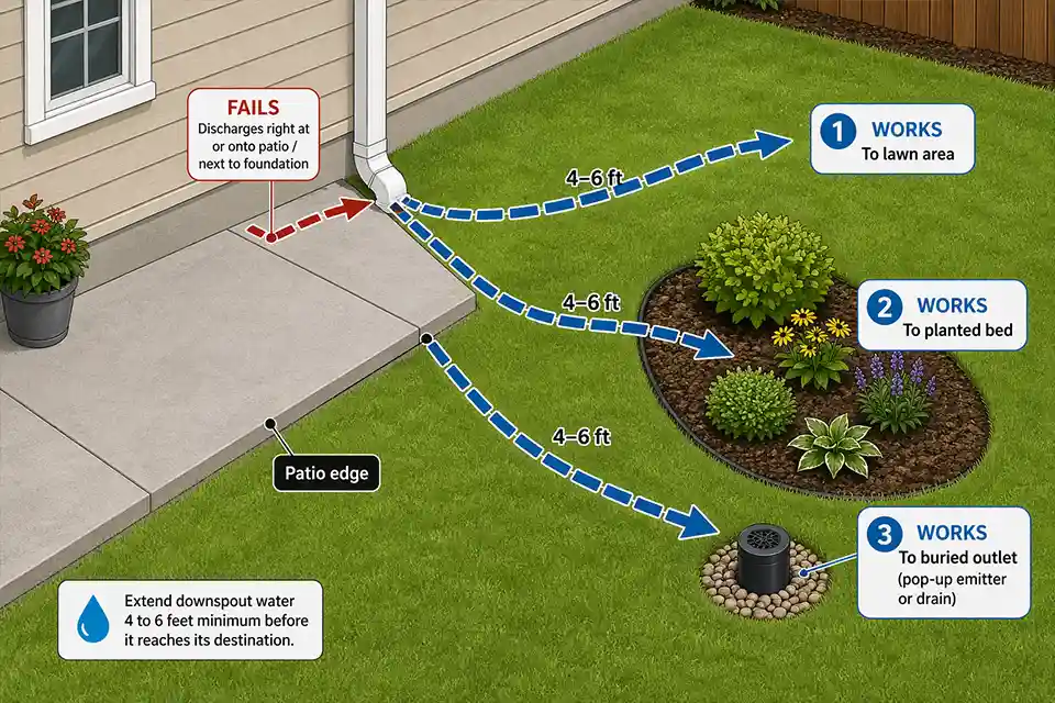 Diagram showing sloped yard runoff intercepted and redirected before reaching the patio, with the correct fix path highlighted.