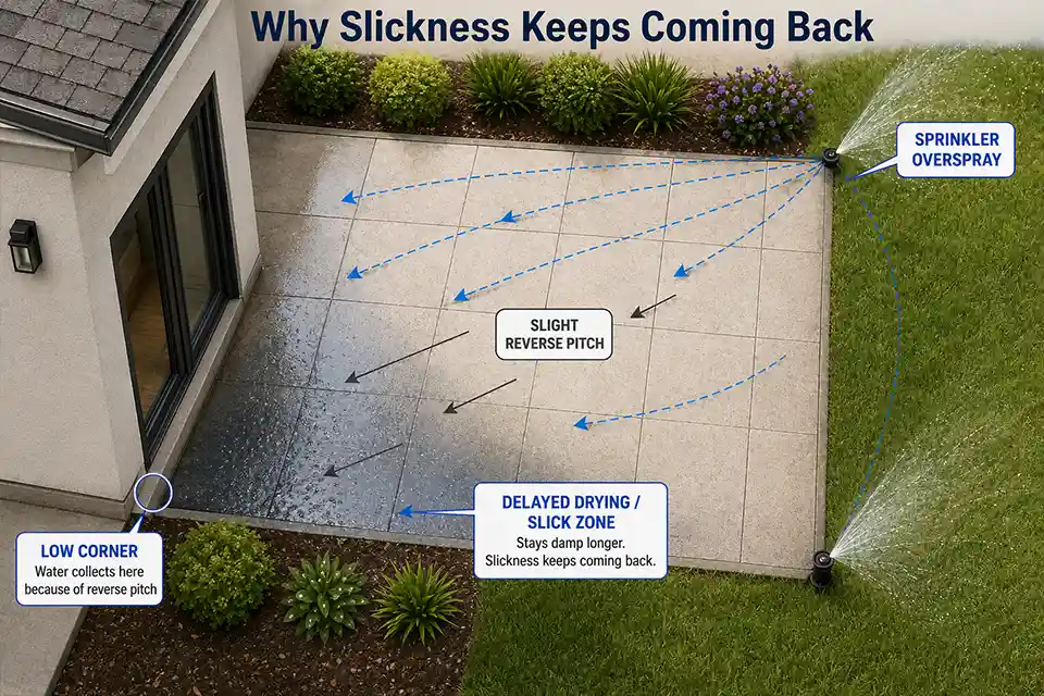 Diagram showing sprinkler overspray and slight reverse pitch creating a slow-drying slippery patio zone