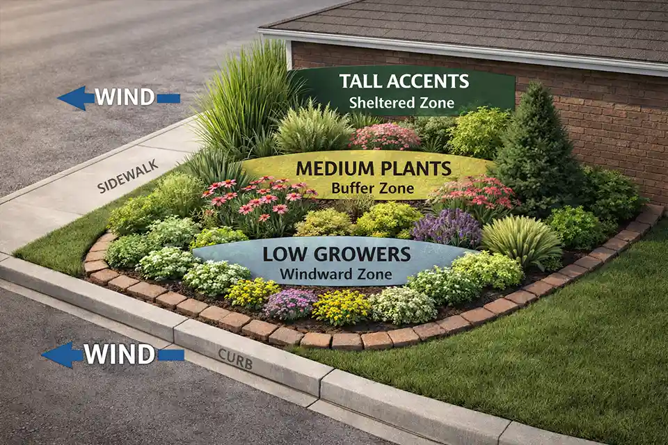 Diagram of a windy corner lot front yard with low plants at exposed edges, medium plants in the middle, and taller plants near the house