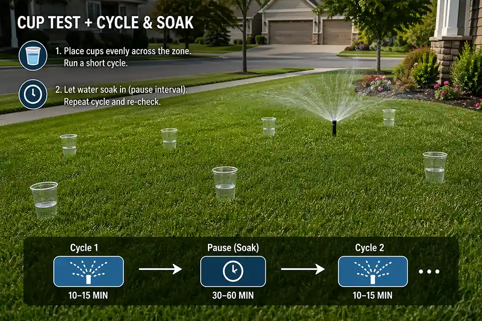 Front yard sprinkler zone tested with cups and a simple overlay showing short cycle-and-soak watering intervals