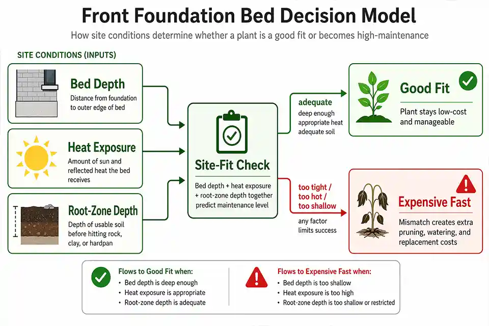 Diagram showing how bed depth, heat exposure, and root-zone depth determine whether front yard plants stay manageable or become expensive
