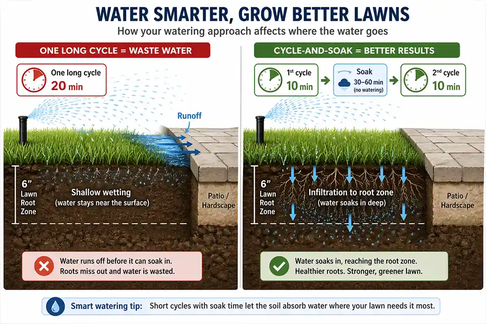 Diagram showing long backyard sprinkler runtime causing runoff and cycle-and-soak watering improving infiltration