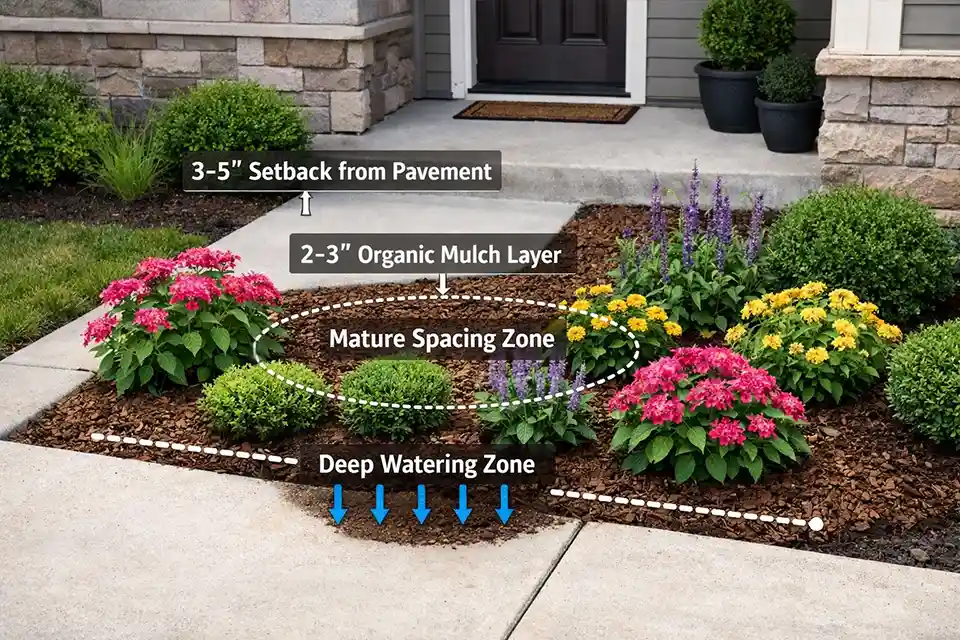 Front walkway planting bed with overlay showing proper setback, mulch depth, mature spacing, and watering zone for reflected heat conditions