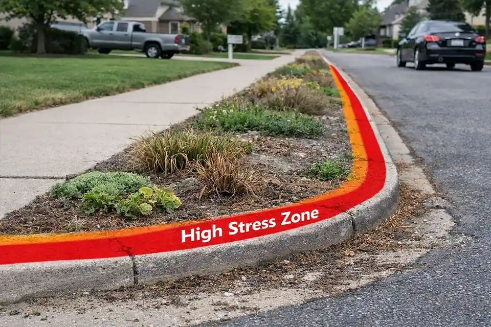 Narrow planting strip with overlay highlighting the most exposed curb-facing heat and salt stress zone