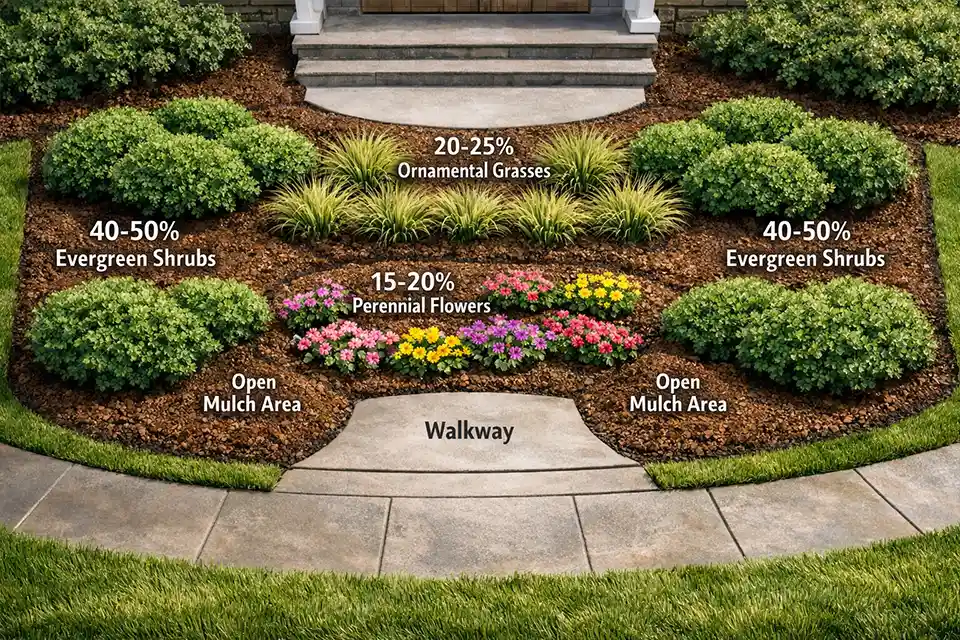 Diagram of a travel-friendly front yard layout showing evergreen anchors, grasses, limited perennials, and open mulch zones