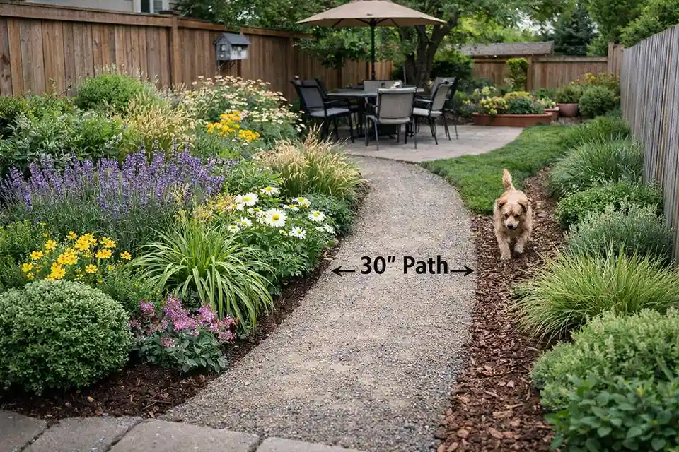 Small family garden with a clear pet route and contained plants that do not spill into the path