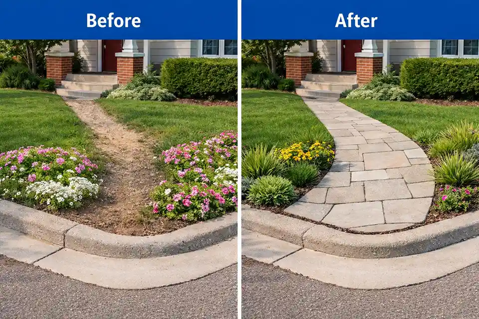 Before and after view of a front yard sidewalk corner changed from a trampled flower bed to a protected edge with a wider stepping surface