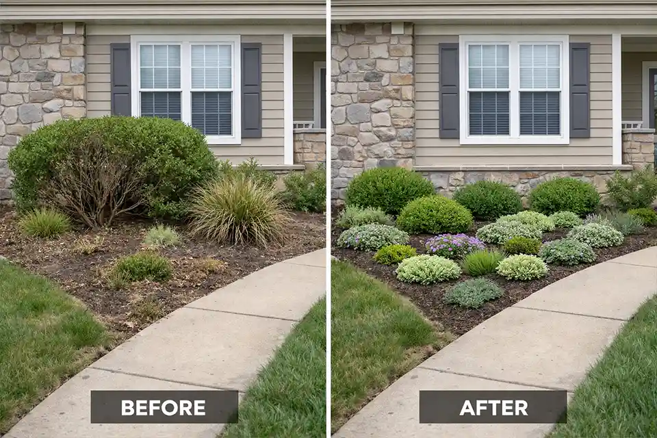 Before and after front yard bed redesign for shallow topsoil showing failed oversized plants replaced with lower compact planting