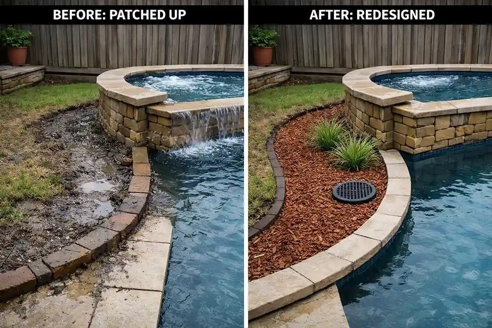 Side-by-side comparison of a pool and hot tub edge before and after correcting runoff interception and repeated wetting