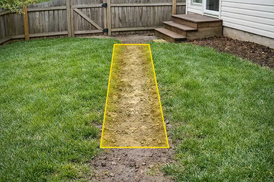 Backyard lawn with overlay highlighting the repeatedly failing muddy strip that should be converted into a durable dog path