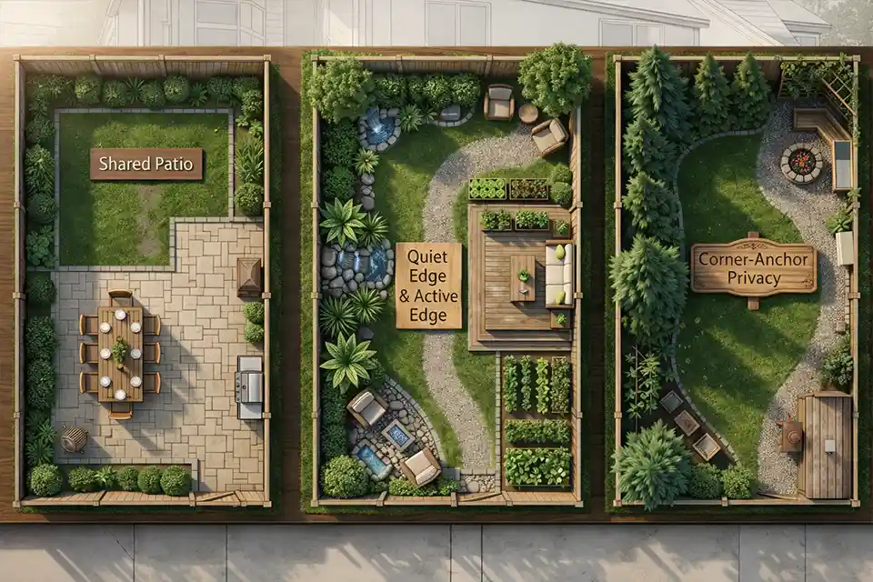 Three top-down shared-fence backyard layout ideas showing a pull-in patio, a quiet service edge, and a corner privacy anchor.