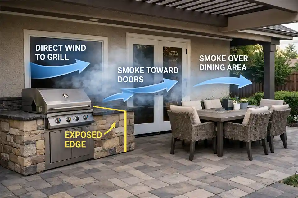 Outdoor kitchen with overlay highlights showing direct wind exposure, smoke drifting toward the house, and a dining area placed in the smoke path.