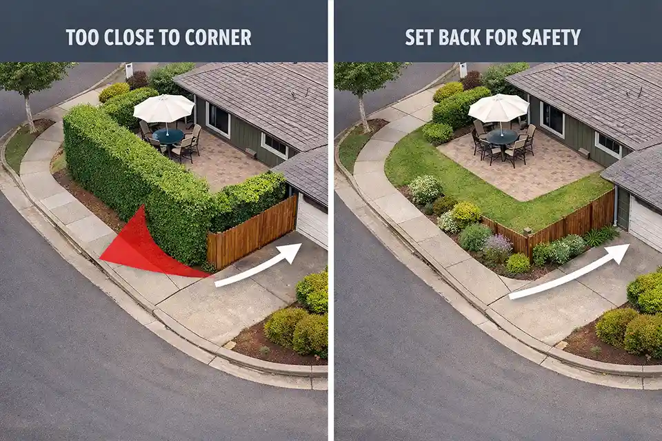 Comparison diagram of a corner-lot backyard showing tall screening too close to the corner versus low planting near the corner with taller privacy screening set farther back