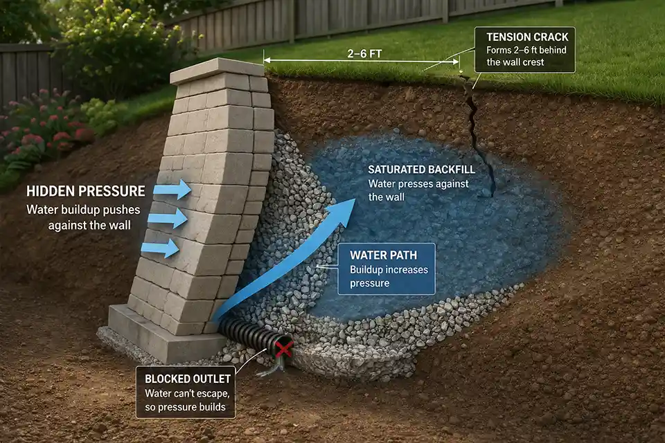 3D cutaway of a retaining wall showing trapped water behind the wall and a soil crack forming above it
