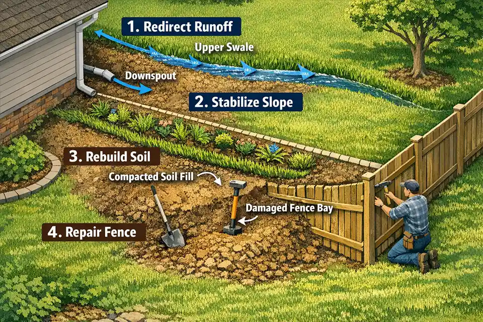 Diagram showing the correct repair order for fence line erosion on a sloped backyard from runoff interception to fence repair
