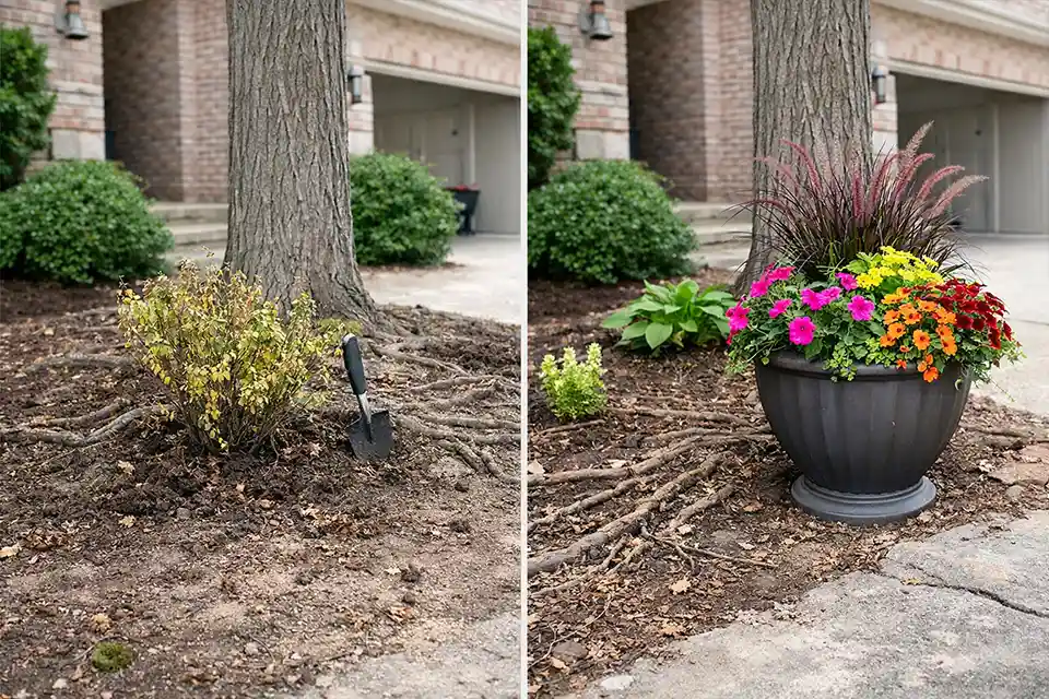 Comparison showing failed shrub planting in shallow root-packed soil and a decorative container used instead near a front entry