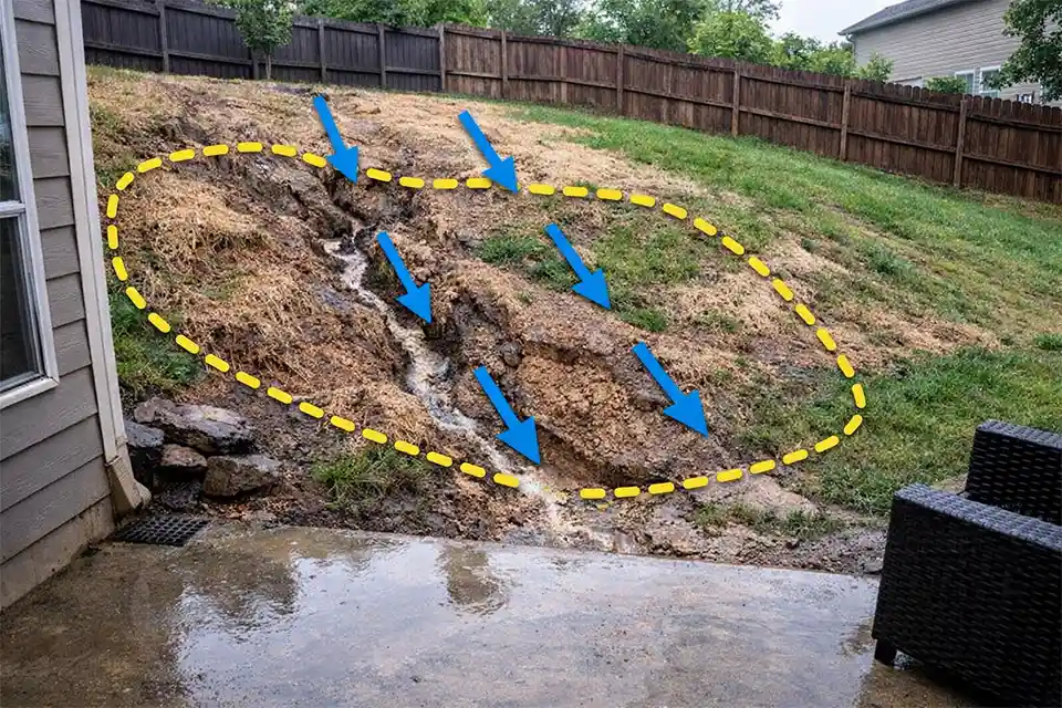 Sloped backyard with repeated erosion gullies and overlay markings showing signs that patching is no longer enough and regrading may be needed.