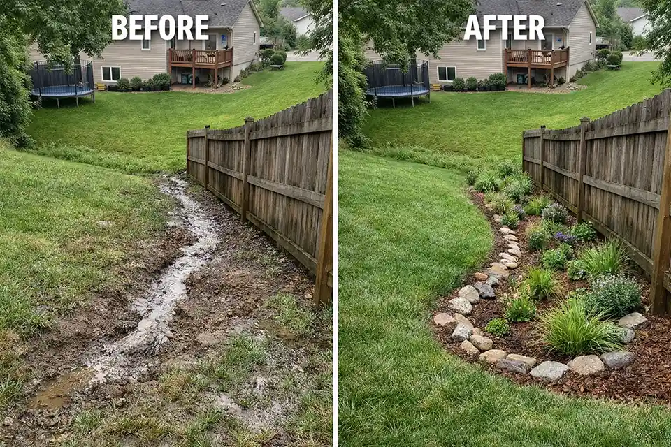 Before and after view of a sloped backyard where upslope interception stops runoff from crossing into a neighbor’s yard