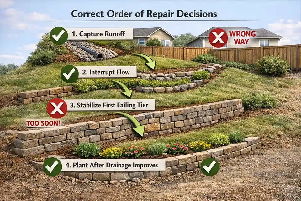 Repair sequence diagram showing the correct order for fixing tiered backyard problems on a steep slope