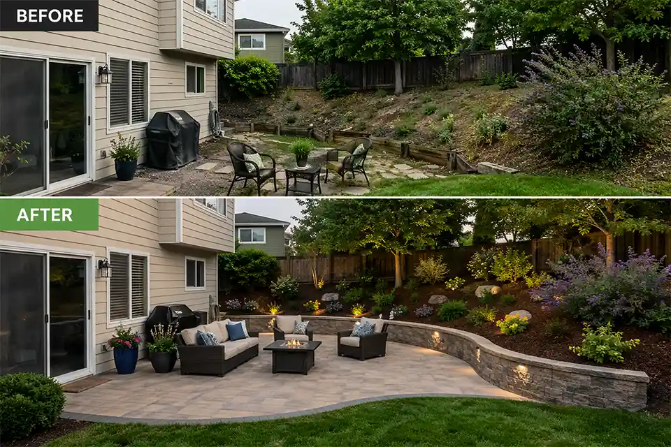 Before and after view of a sloped backyard where a too-small flat area was expanded into one larger usable terrace.