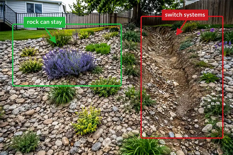 Backyard hillside with overlay labels showing where rock can remain and where the slope needs a different stabilization system