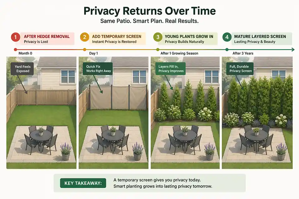 Diagram showing a backyard privacy recovery timeline from exposed yard to temporary screen to mature layered planting