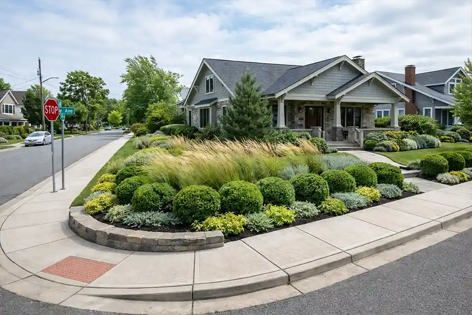 Well-designed windy corner lot front yard with repeated compact shrubs and grasses holding a clean shape in exposed conditions
