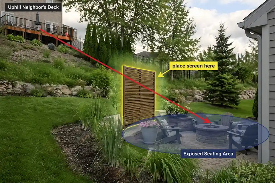 Patio in a sloped backyard with overlay showing the best screen placement to block an uphill neighbor’s view
