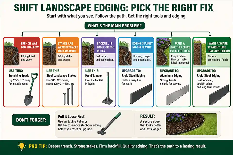 Decision diagram showing whether shifting landscape edging needs a trenching spade, heavy-duty stakes, a hand tamper, flexible edging, or steel edging