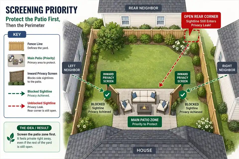 Diagram showing patio-zone privacy screening placed inside the yard before full perimeter screening in a new construction backyard