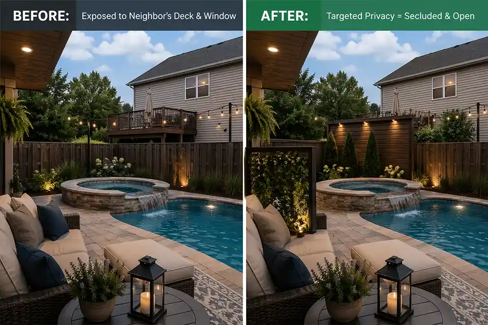 Before and after view of a backyard hot tub and pool area improved with one targeted privacy wall and one partial lounge screen
