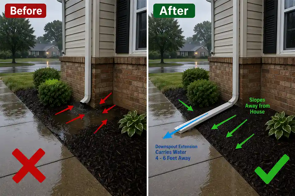 Before-and-after with smart labels showing front yard pooling fixed by regrading soil and extending the downspout away from the house