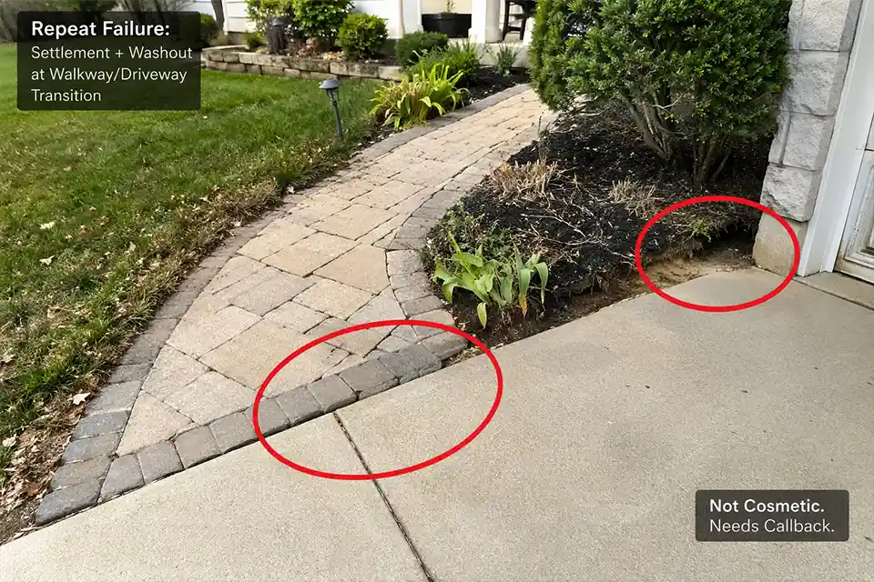 Front yard hardscape transition with repeat settlement and washout marking a repair area that needs more than cosmetic patching