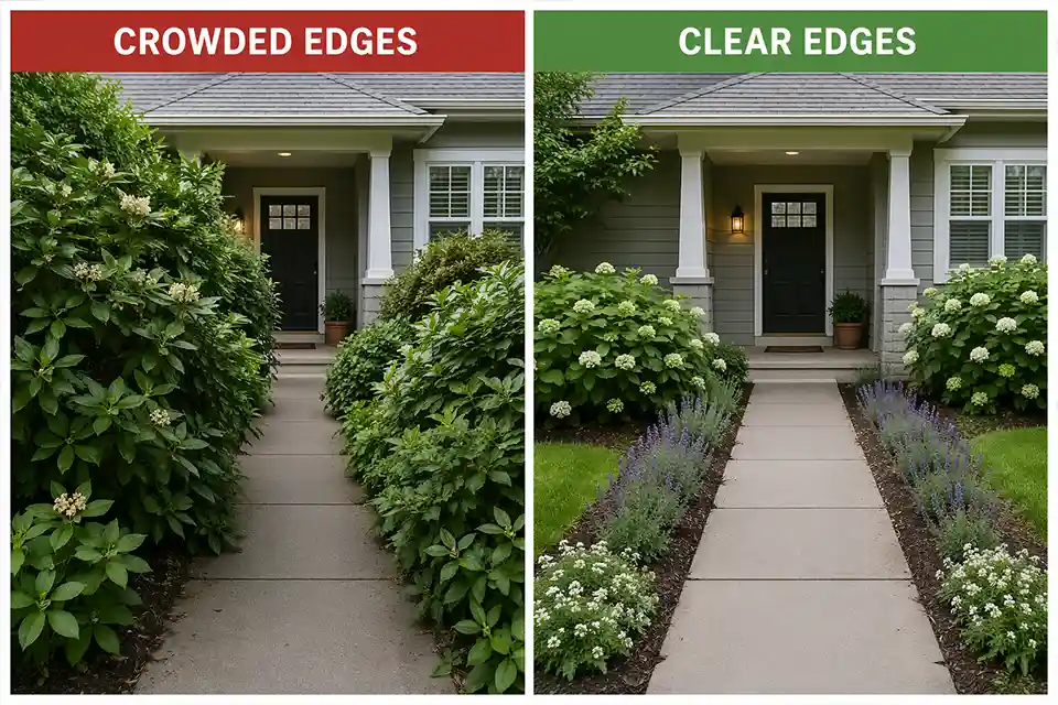Comparison of overcrowded walkway planting versus clear layered front yard planting leading to the front door