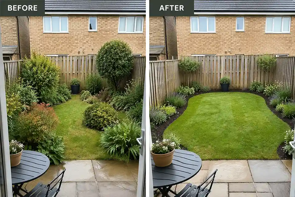 Before and after view of a compact backyard with crowded planting removed to restore wider circulation and open space