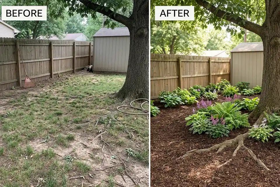 Before and after of a shaded backyard where failing grass is replaced with a mulch bed and shade-tolerant planting