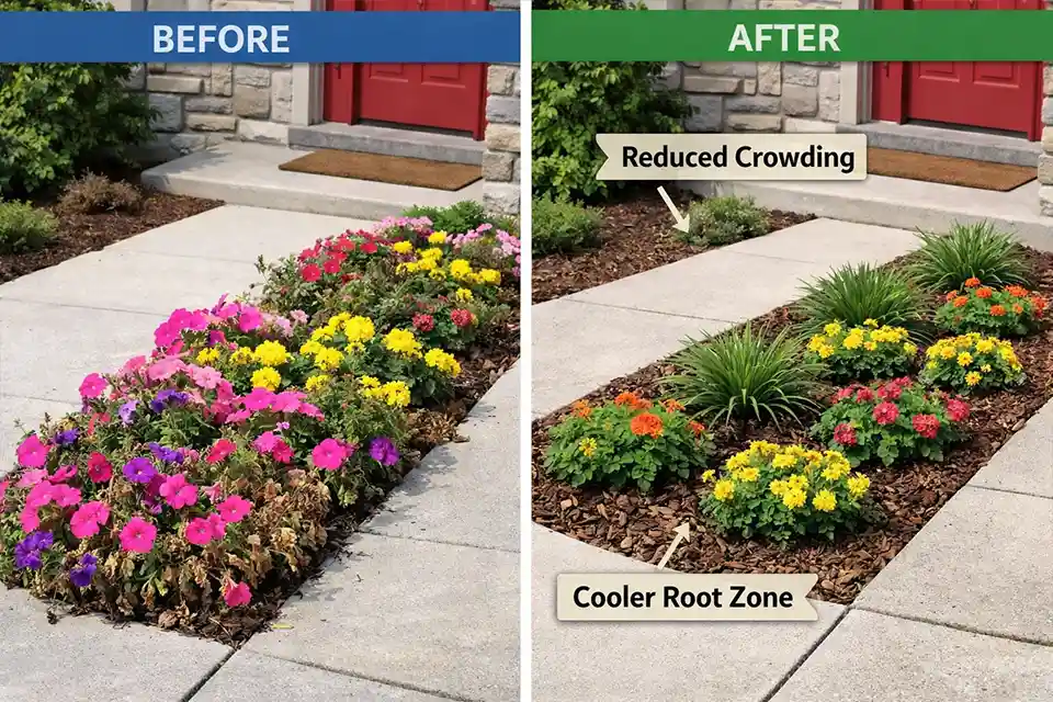 Before-and-after front walkway bed showing replacement of scorched plants with a simpler heat-tolerant planting layout and wider mulch buffer